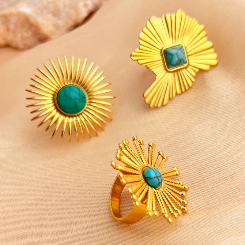 Casual Retro Minimalist Sun 304 Stainless Steel Turquoise 18K Gold Plated Inlay Open Rings