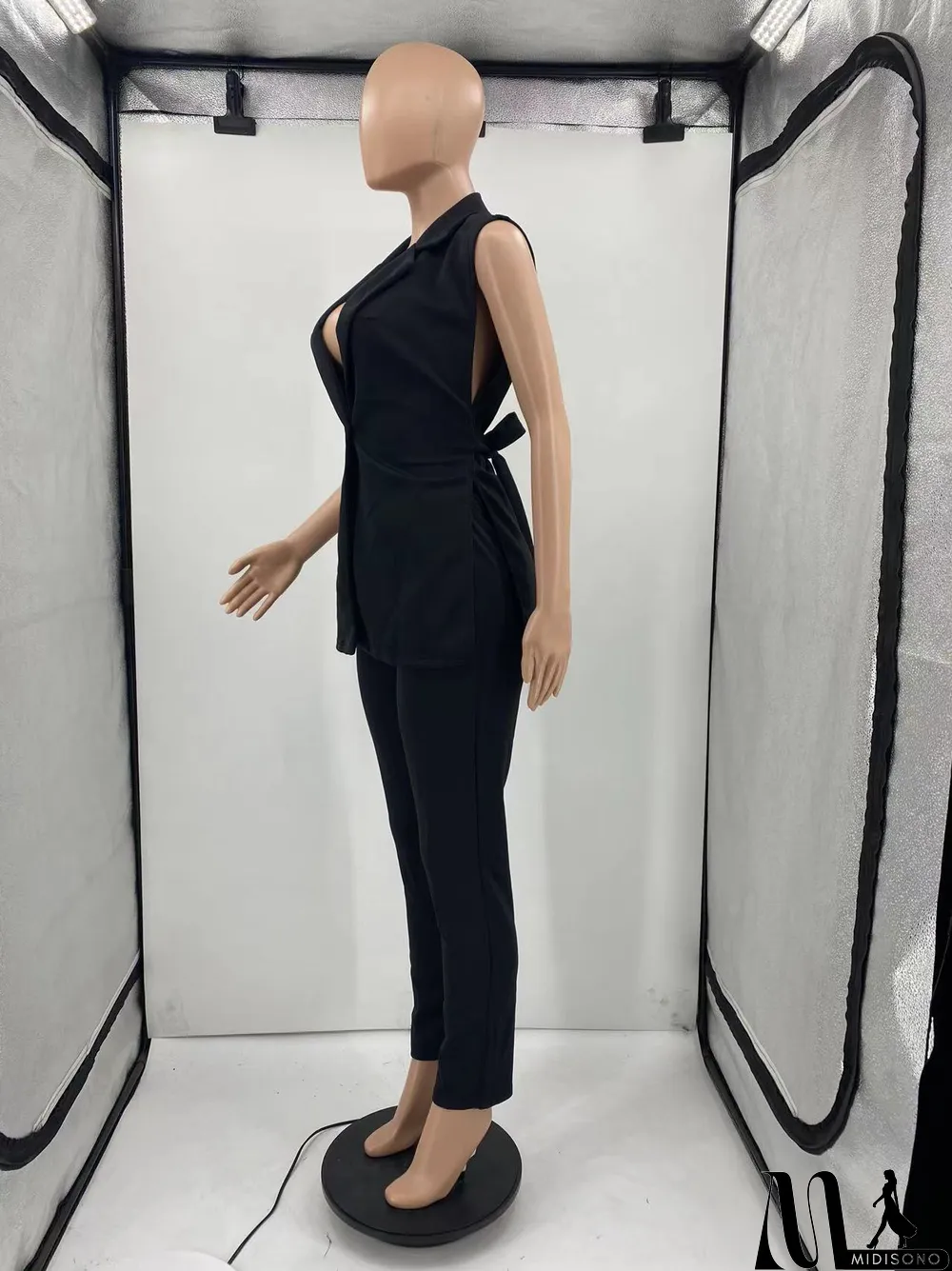 MidiSono - Solid Sleeveless Split Blazer Two Piece Sets