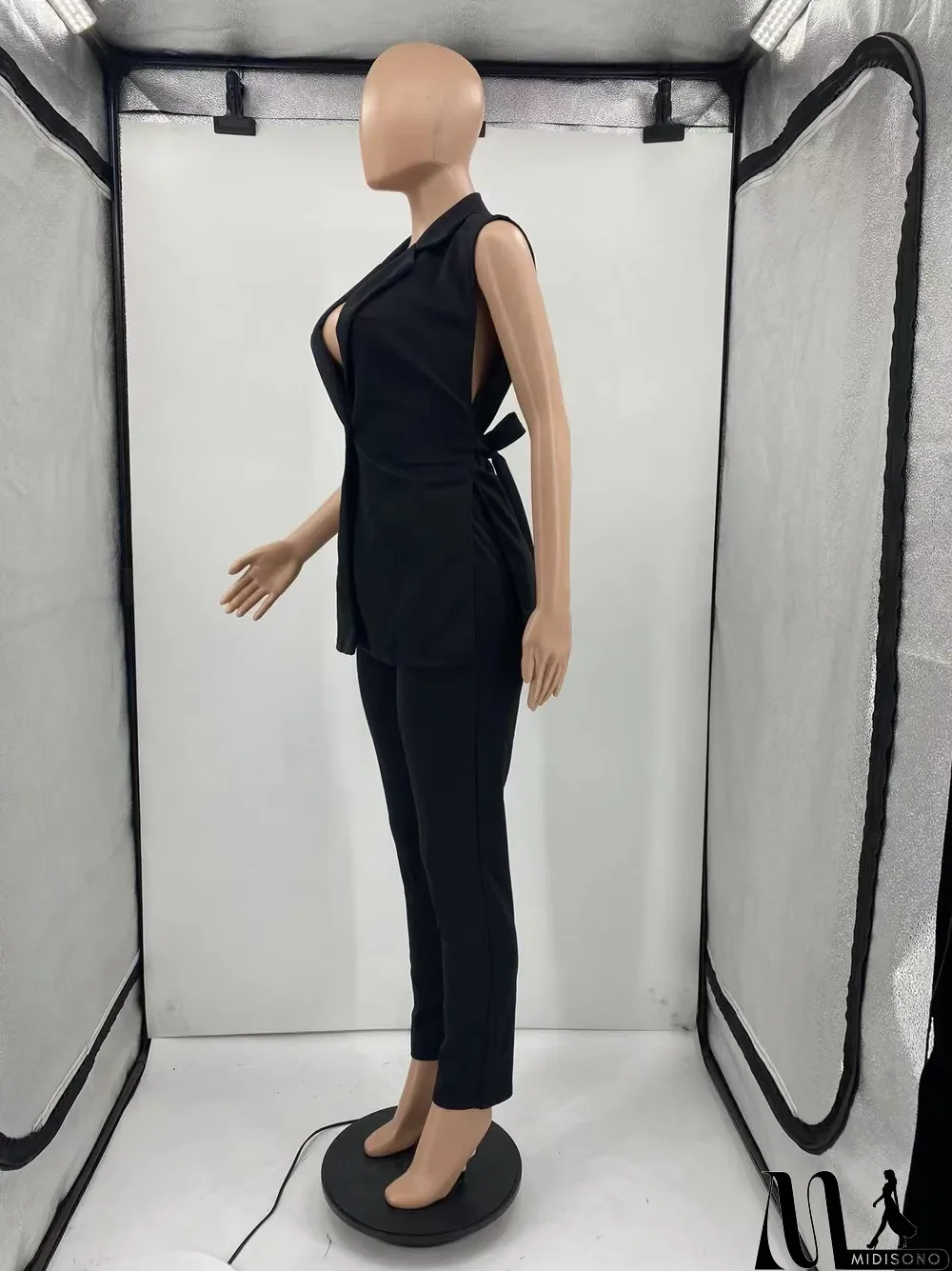 MidiSono - Solid Sleeveless Split Blazer Two Piece Sets