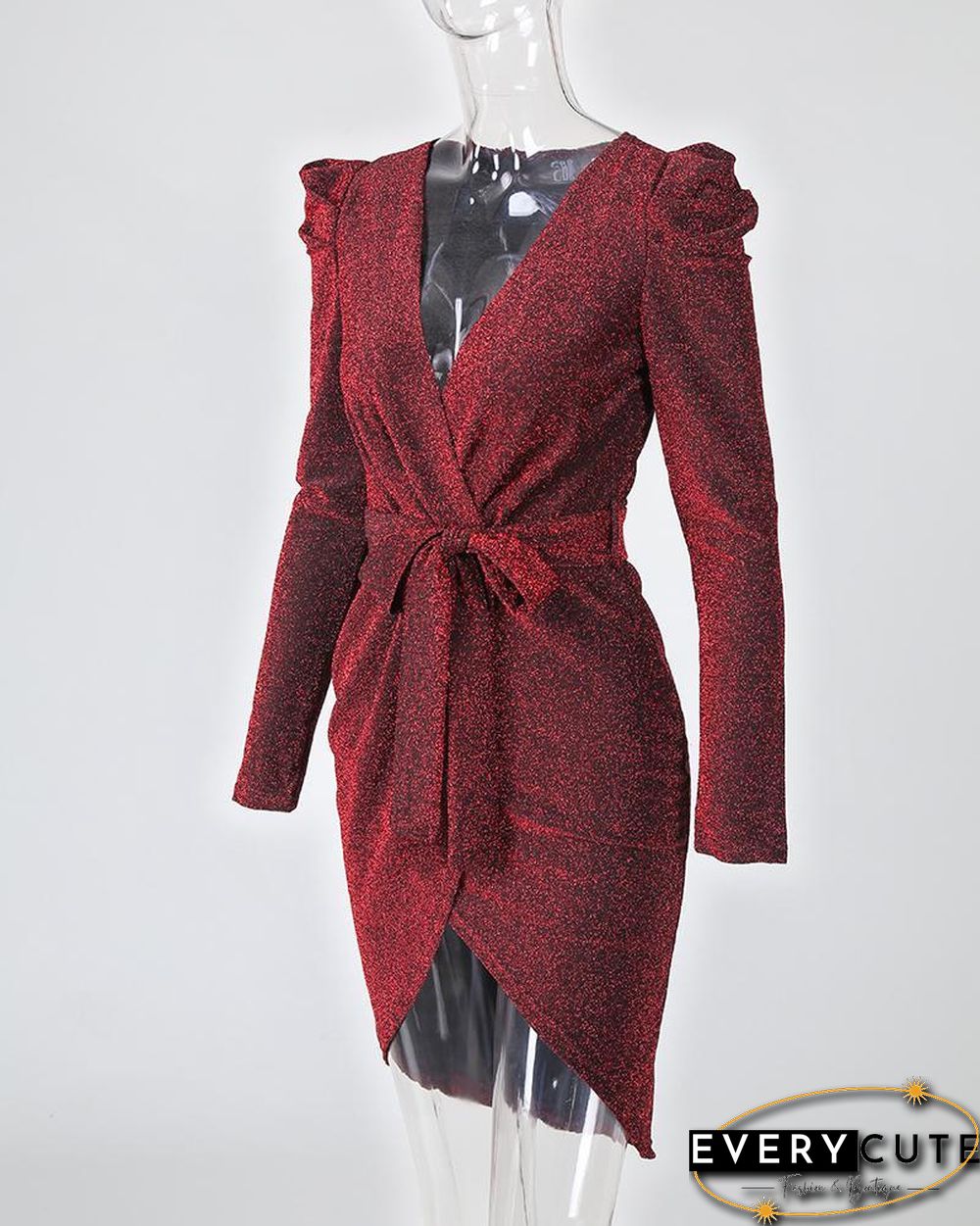 Shiny Ruched Tie Waist Wrap Irregular Dress P14744