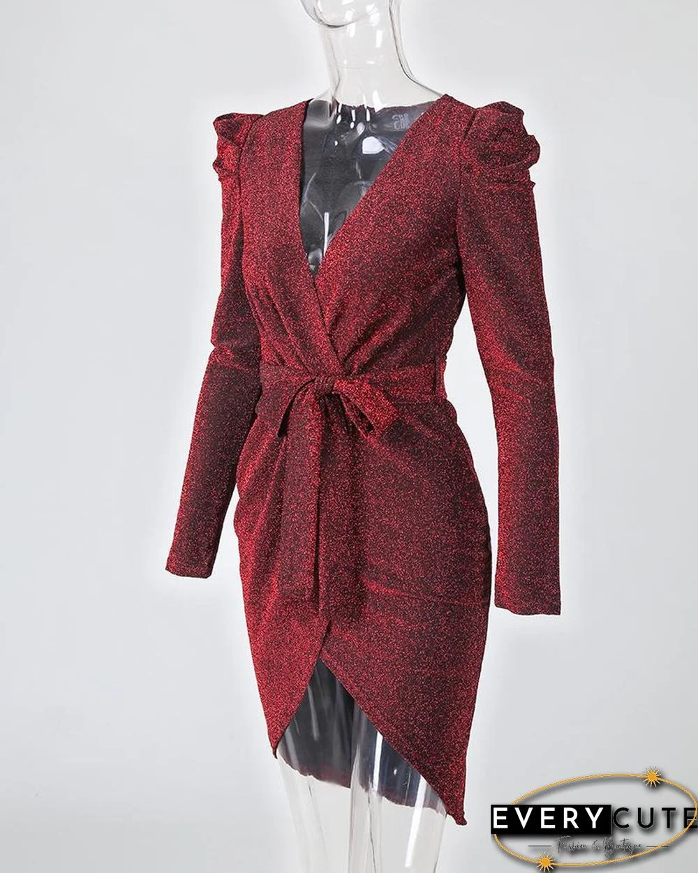 Shiny Ruched Tie Waist Wrap Irregular Dress P14744