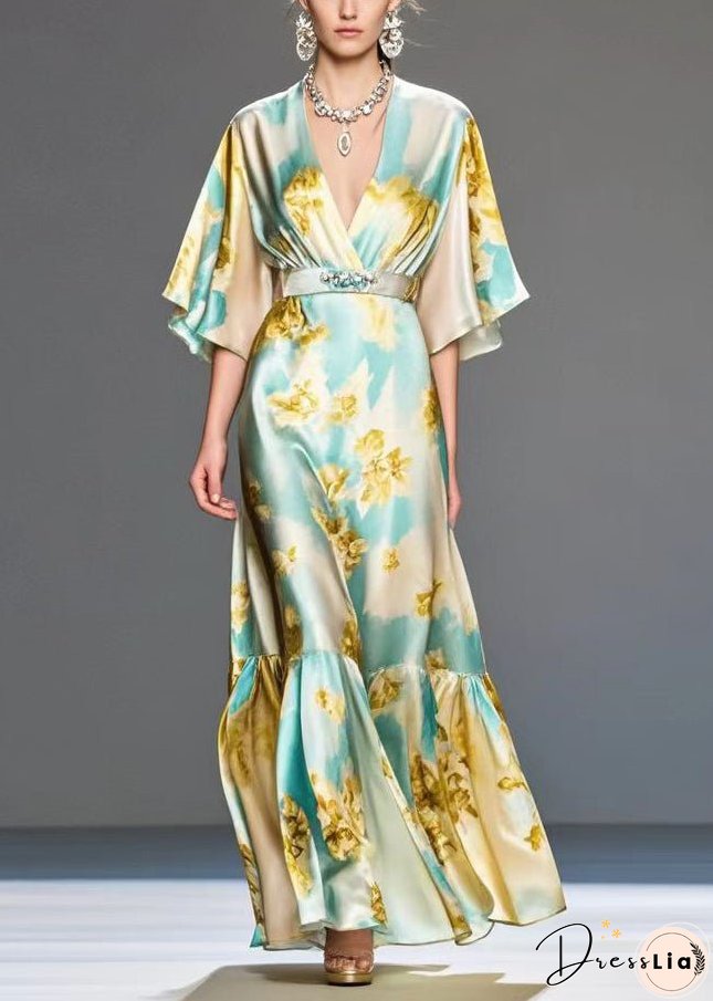 Modern Light Blue Print Silk Long Dresses Cinched Summer