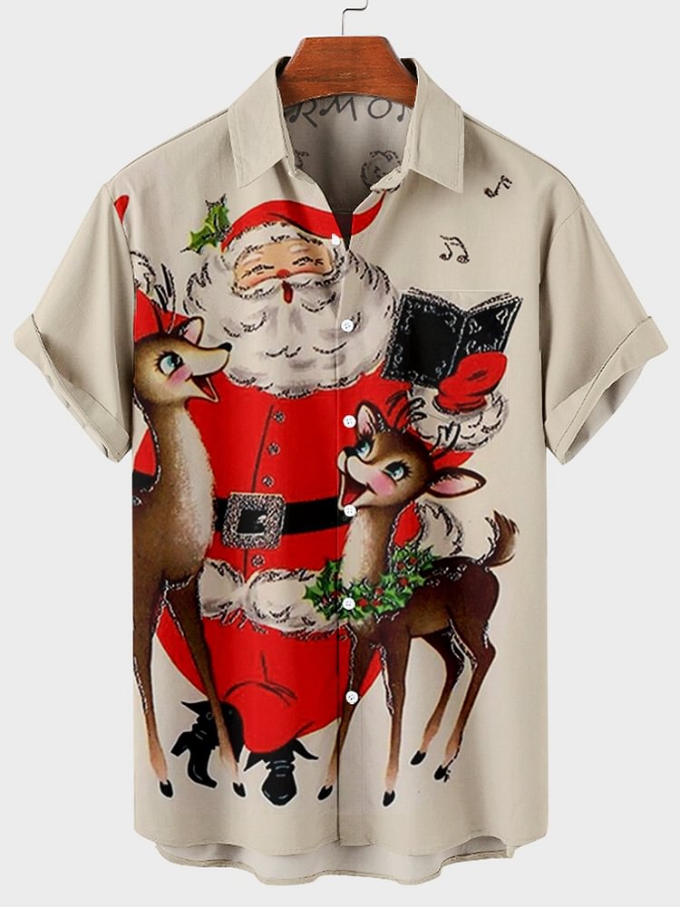 Men Santa Claus With Deer Print Pocket Front Short Sleeves Shirt