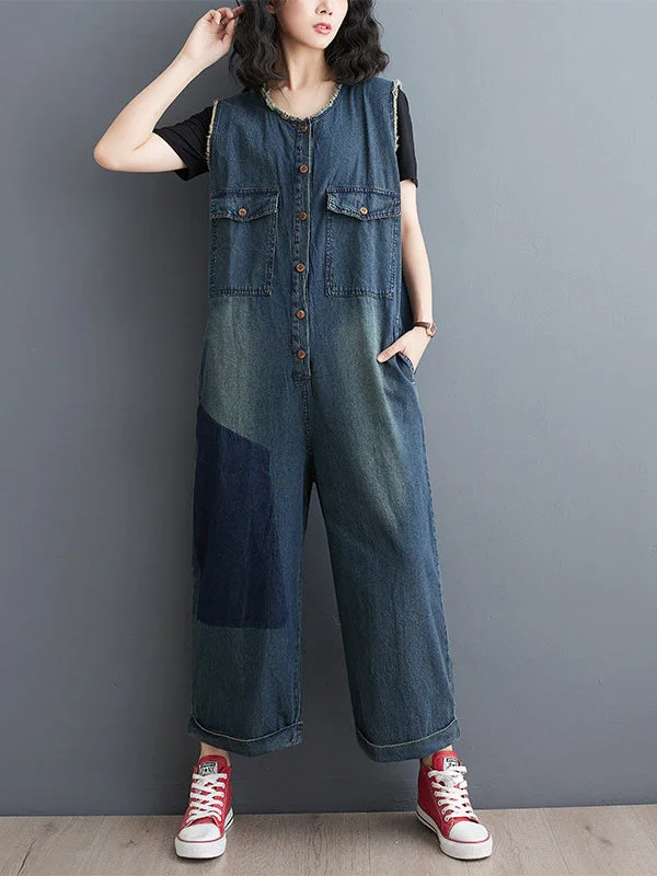 Women's Casual Stitching Pockets Wide-Leg Nine-Quarter Jumpsuit