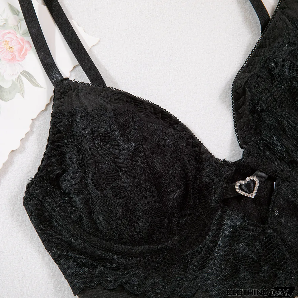 Heart Print rhinestone fashion lace sling Basic hollow sexy underwired bra