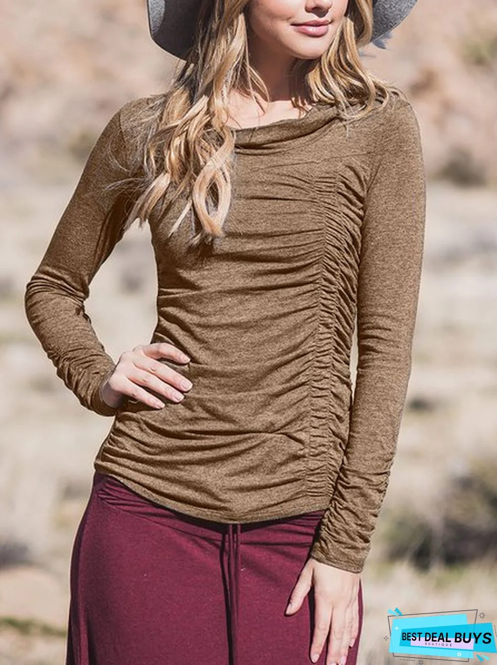 Casual Cotton-Blend Cowl Neck Tunic T-Shirt