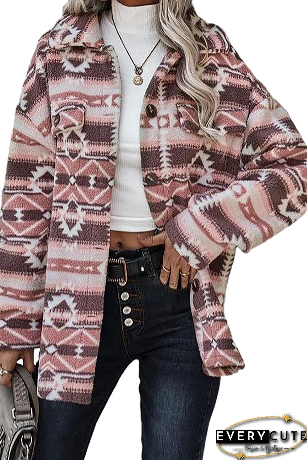 Pink Tribal Print Pocket Buttoned Sherpa Jacket
