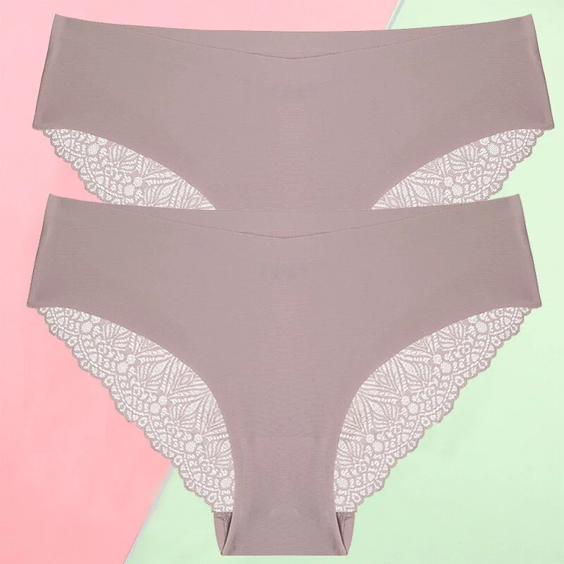 FINETOO 2PCS/Set S-XL Sexy Women Seamless Lace Pantys 6 Solid Colors Breathable Panties Lace Underwear For Girls Thong Lingerie