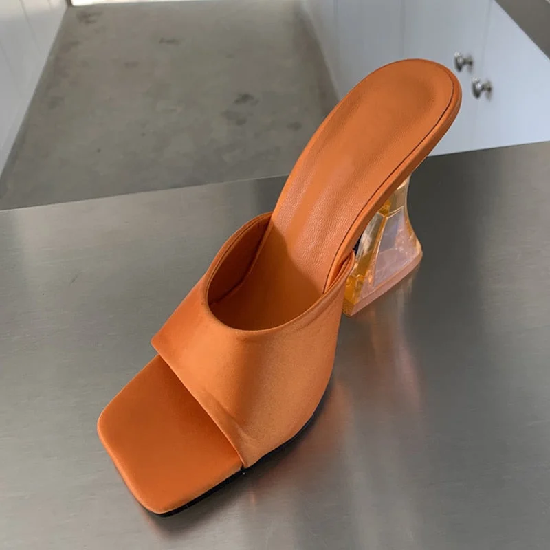 High Quality Cozy Slides Women Leather Slippers Fashion Strange Transparent Orange Heels Sandals Open Toe Summer Shoes Size 41