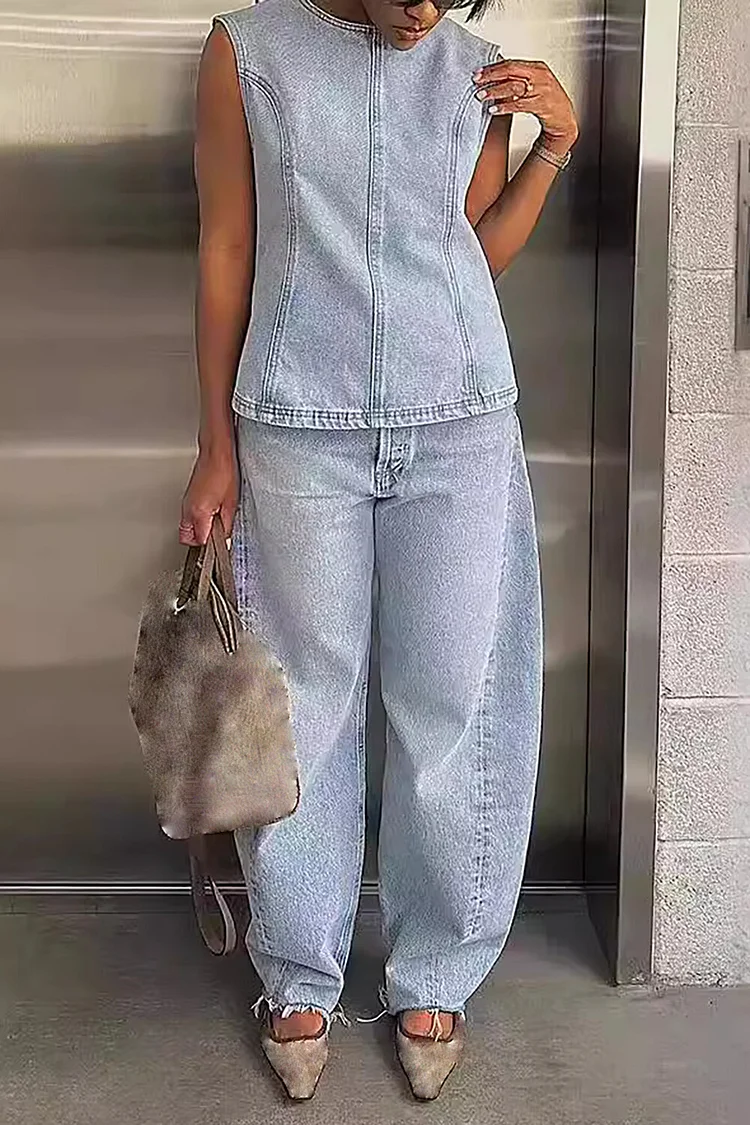 Denim Back Slit Tank Top Wide Leg Jeans Casual 2pcs Set-Blue