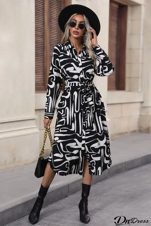 Printed Tie Front Collared Neck Slit Shirt Dress