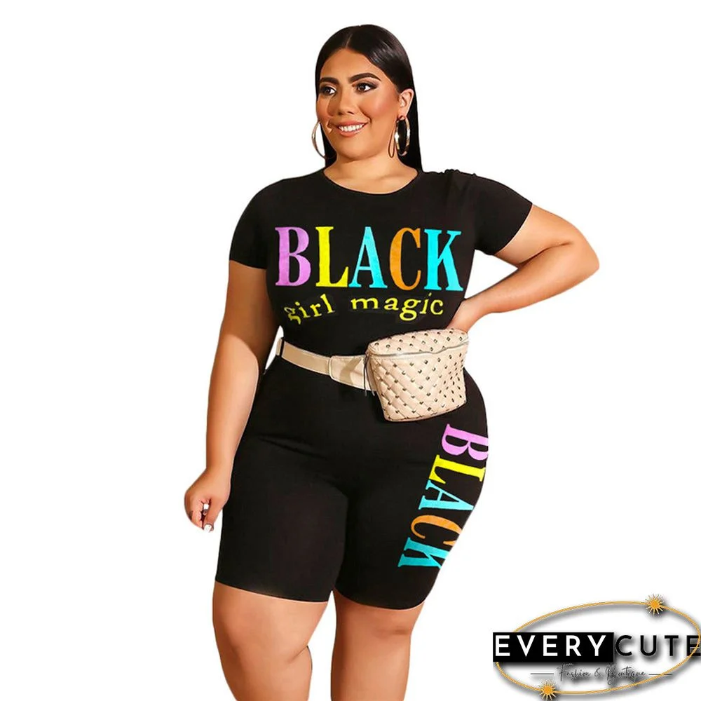 Black Colorful Letter Print Plus Size Shorts Set