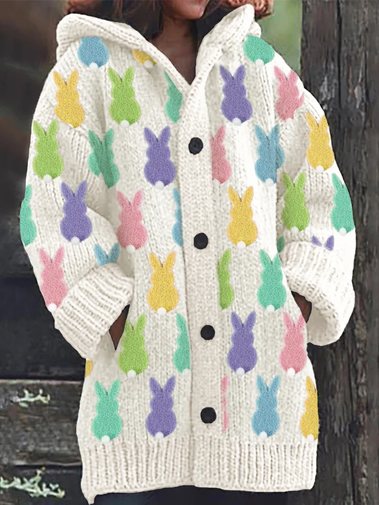 VChics Easter Colorful Fuzzy Bunny Fleece Cozy Hooded Cardigan