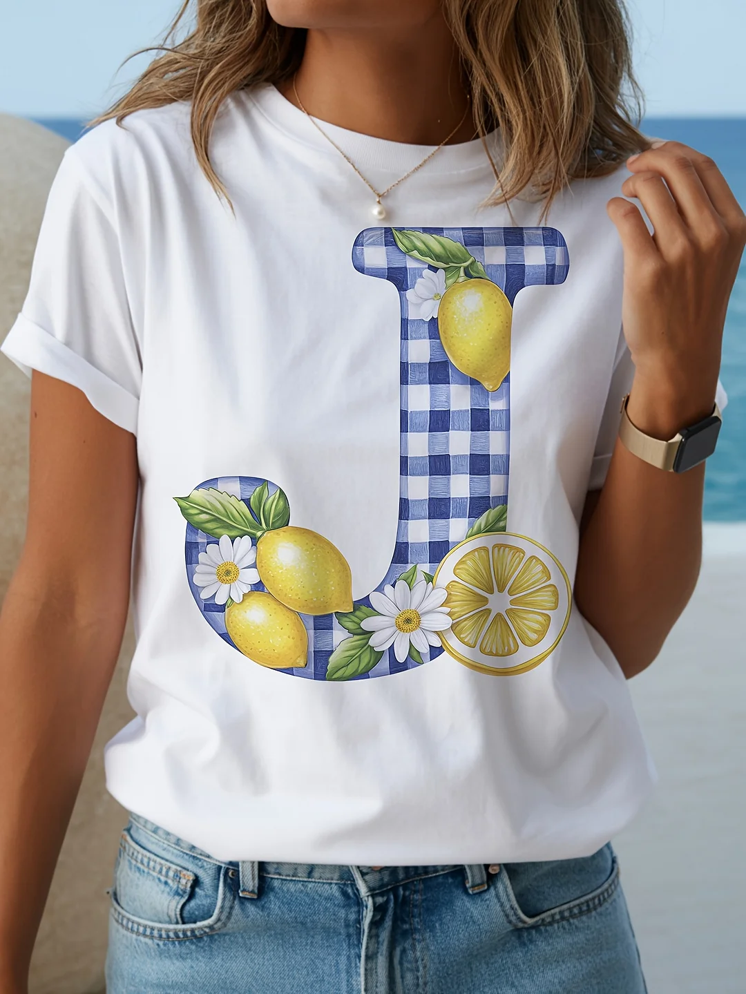 Women's Lemon & Daisy Checkered 'j' Graphic T-Shirt - Soft Stretch Round Neck Short Sleeve Top For Spring Summer Casual Outfits, Beach Outings & Gift Giving, Comfortable Fit Shirt, Casual Attire, Fashion, Stretchy Fabric, Stylish Blouse, Women | IFYHOME