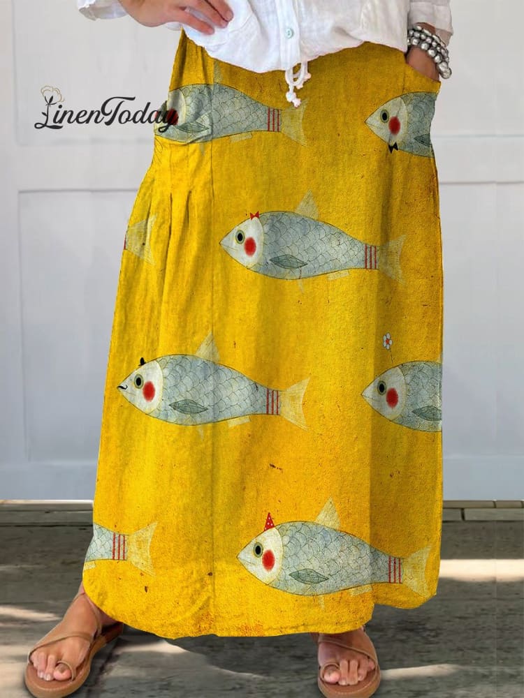 Women’s Vintage Fish Art Print Linen Pocket Skirt Multicolor / S