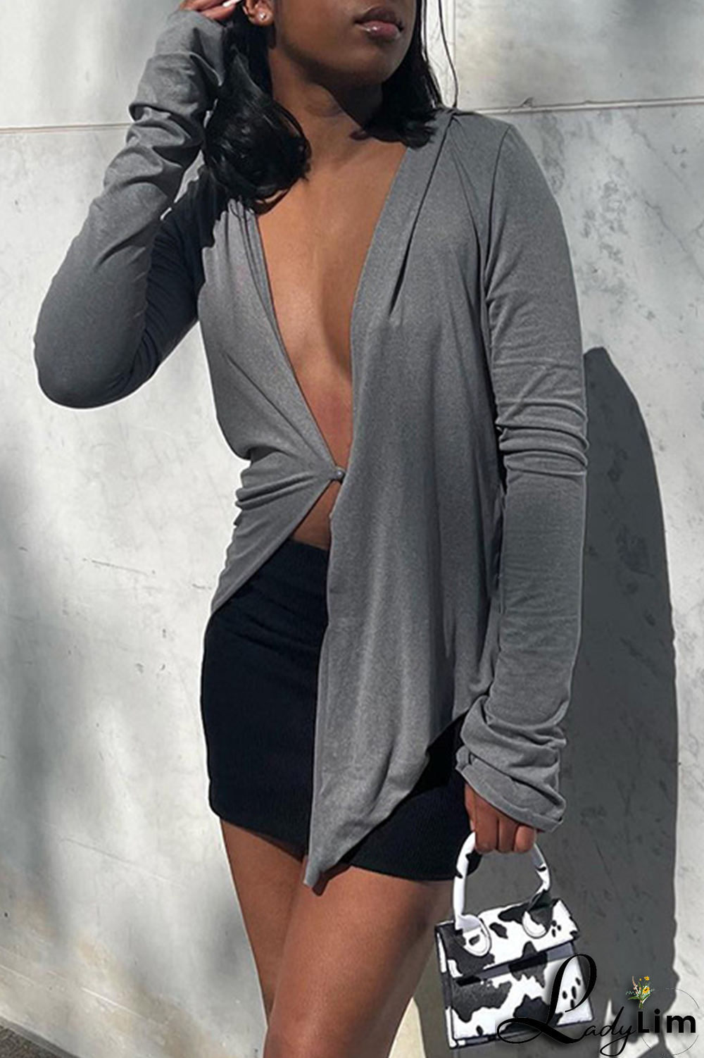 Grey Casual Solid Patchwork Hooded Collar Tops