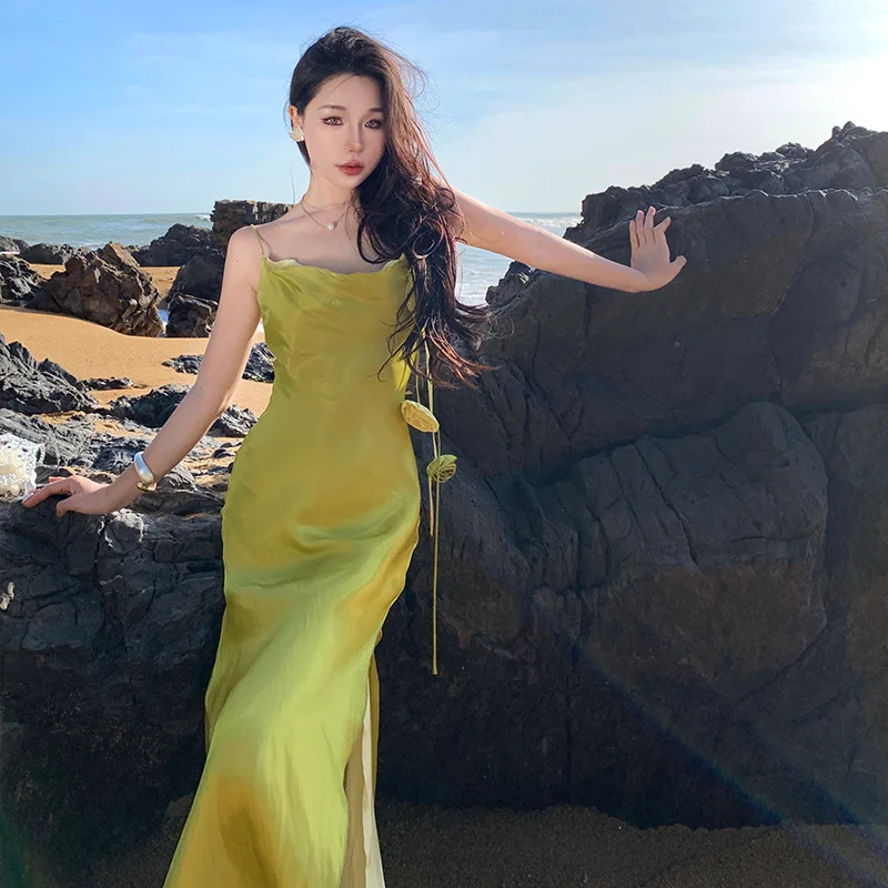 Zingj Zingj French Dress High End Collar Slit Evening Dress Double Halter Dress