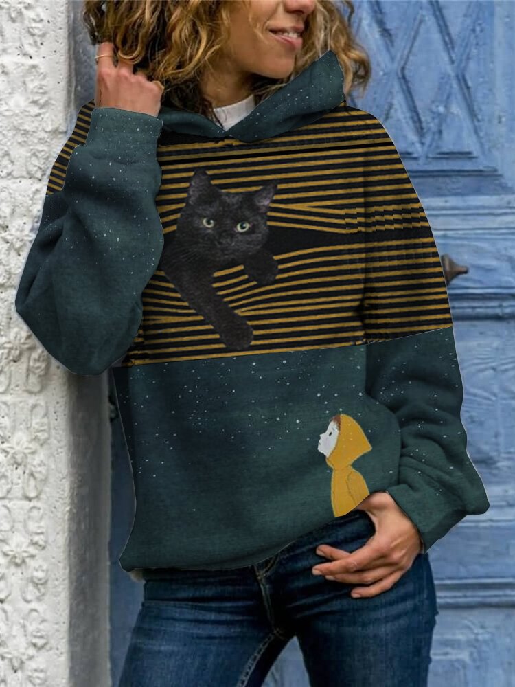 Cartoon Cat Stripe Print Long Sleeve Hoodie For Women - Shop Trendy Women's Fashion | TeeYours
