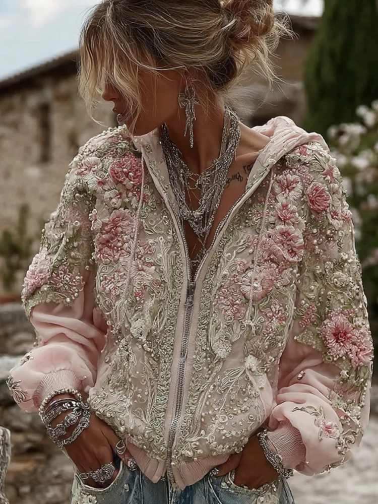 ジャケット・アウター Embroidery Flower Beads Hoodie Flower Embroidered Loose Hooded Jacket OS2050
