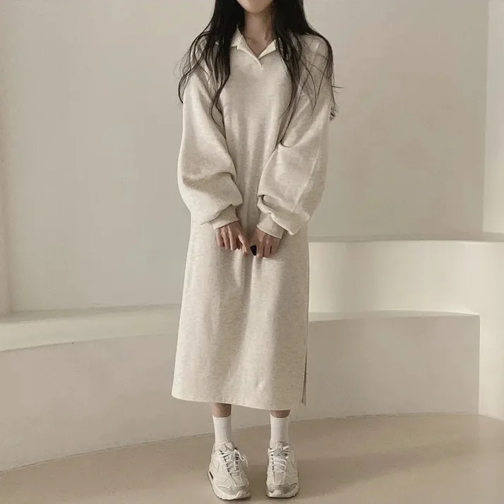 Korean style solid color autumn and winter polo collar spring and autumn Net Red new fleece-lined loose and lazy style long plump girls dress