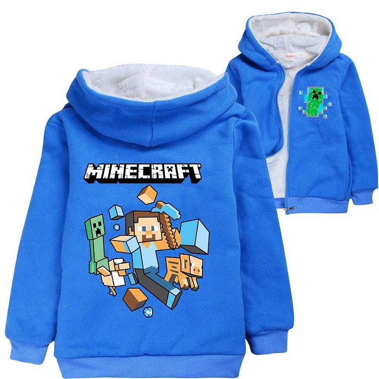 Mayoulove Minecraft Print Boys Fleece Lined Winter Cotton Zip Up Hoodie Blue-Mayoulove