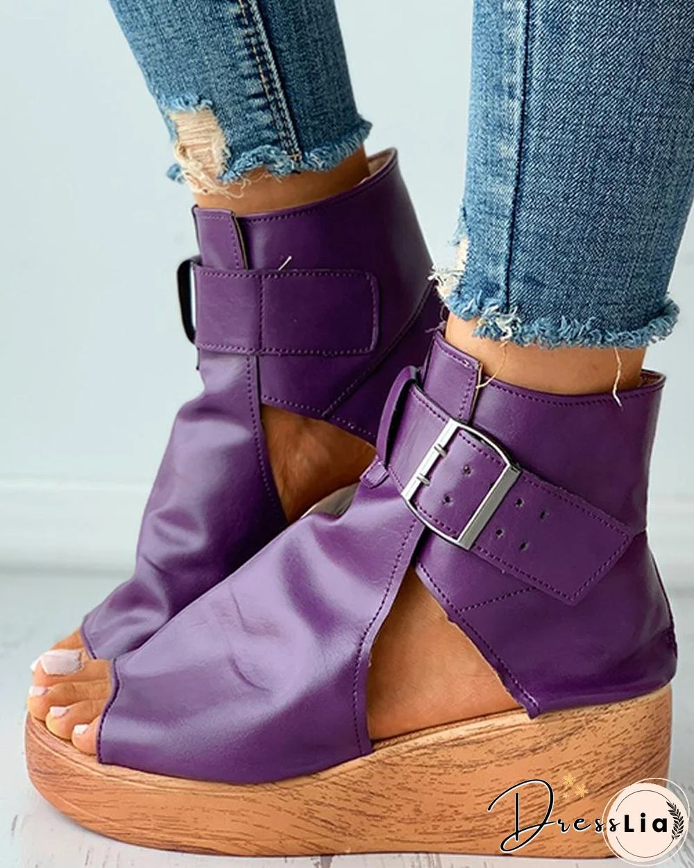 Eyelet Buckled Cutout Wedge Sandals