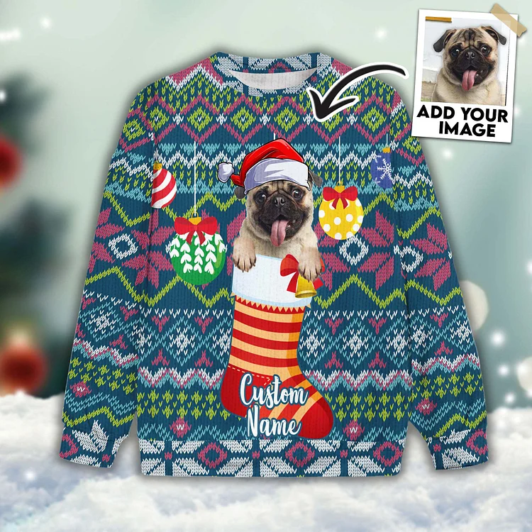 Custom Pet Unisex Sweater All Over Print Christmas Socks Green Blue Color