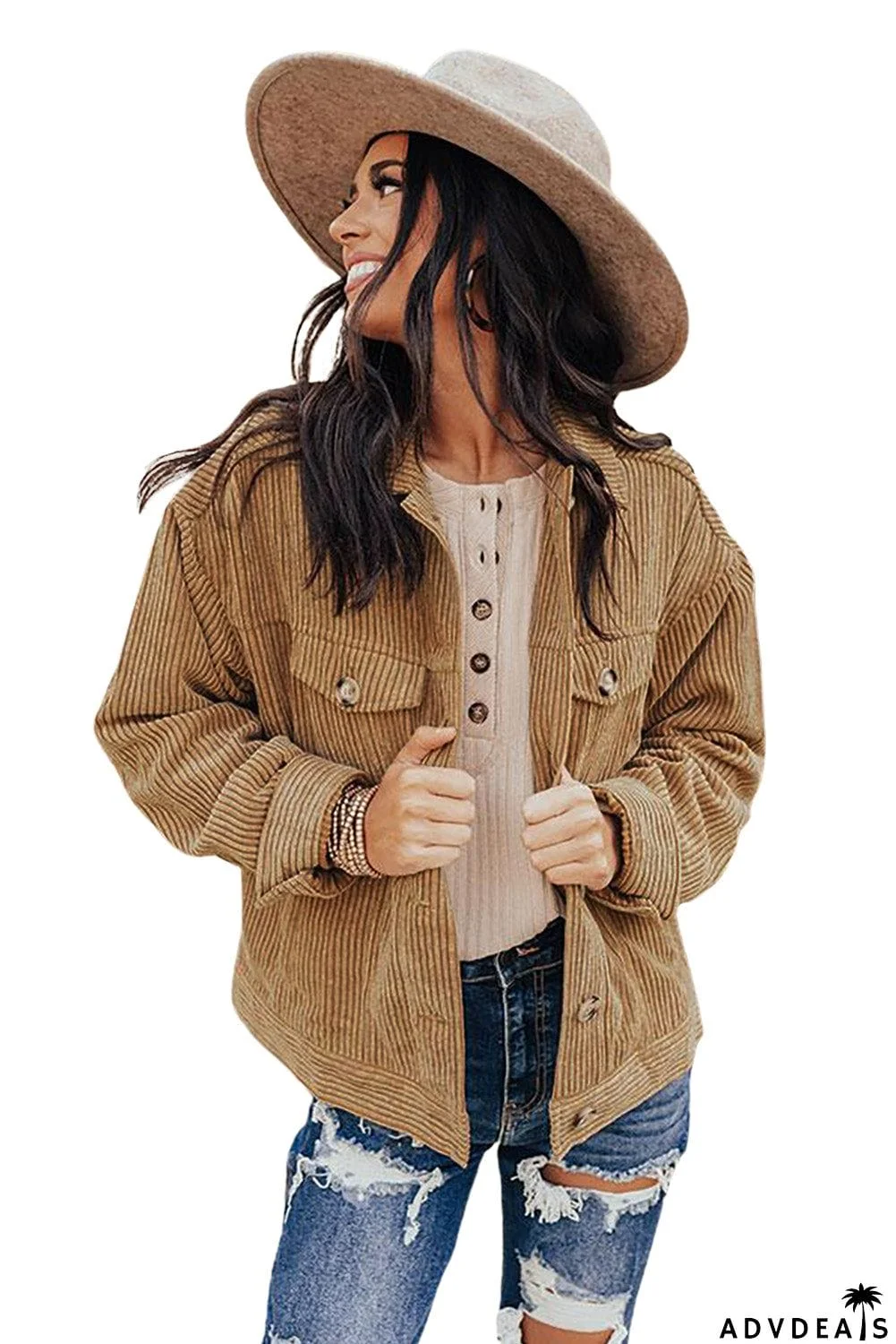 Ribbed Corduroy Long Sleeve Jacket with Pocket