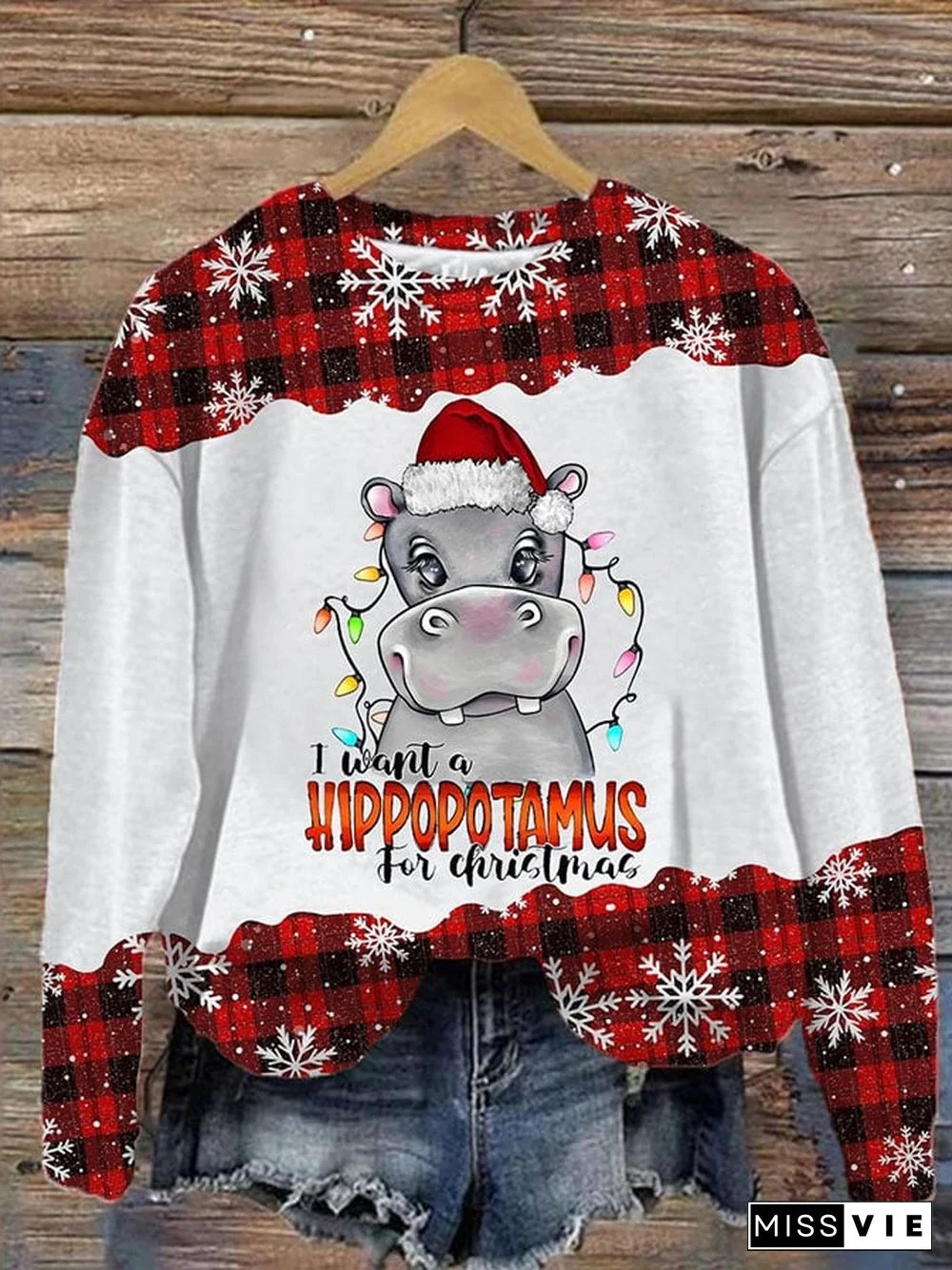 Women's Casual I Want A Hippopotamus For Christmas Print Long Sleeve Sweatshirt