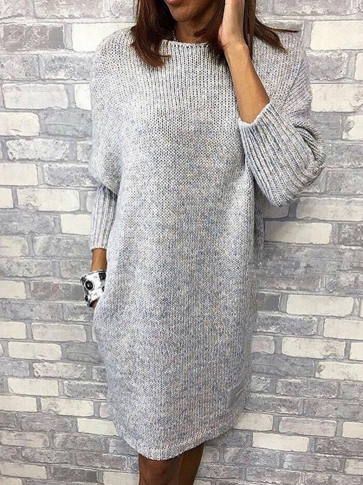 Women Caftan Pockets Shift Casual Knitted Weaving Dress