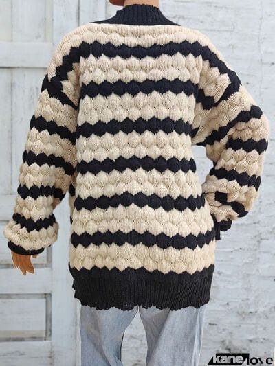 Striped Contrast Open Front Long Sleeve Cardigan