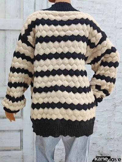 Striped Contrast Open Front Long Sleeve Cardigan