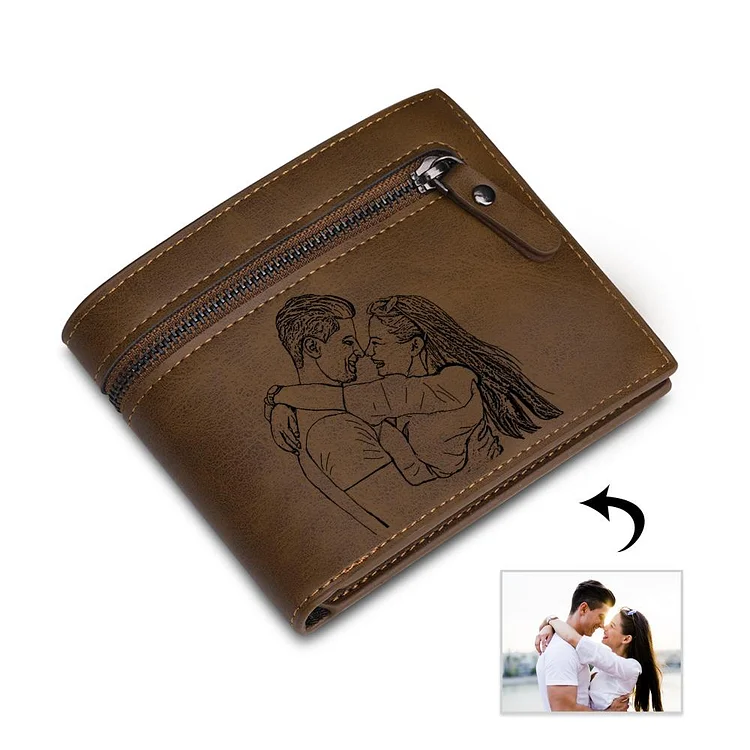 Mens Short Wallet With Zipper Personalized Photo Wallet With Engraving Brown Leather
