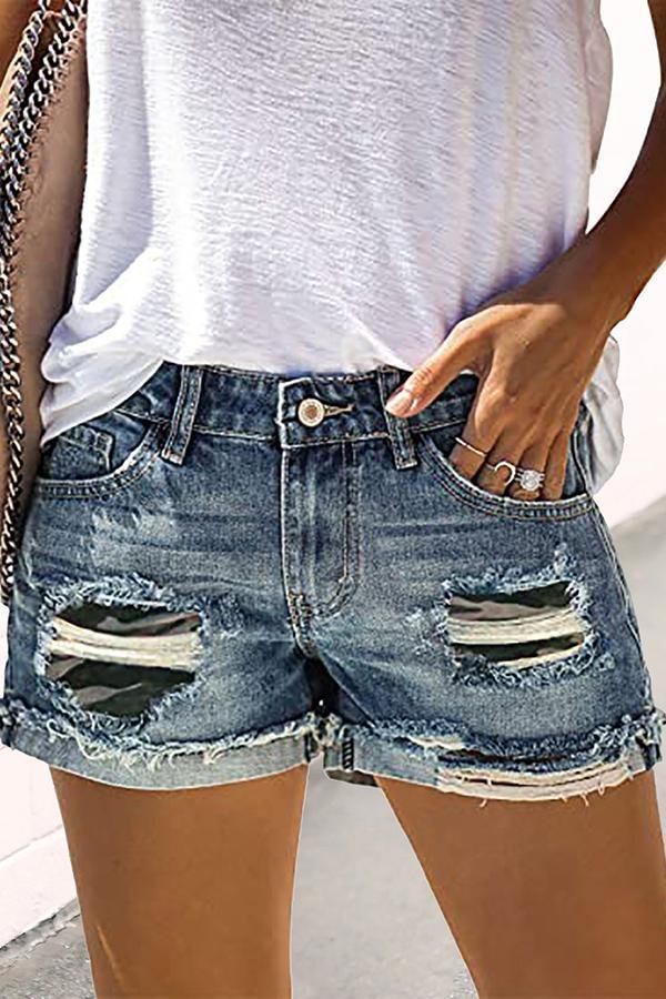 Ripped Patched Rolled Edge Denim Shorts