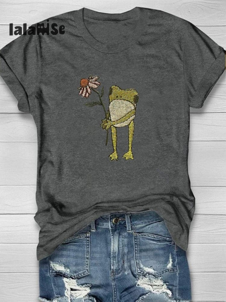 Frog Art Print Casual T - Shirt Grey / S