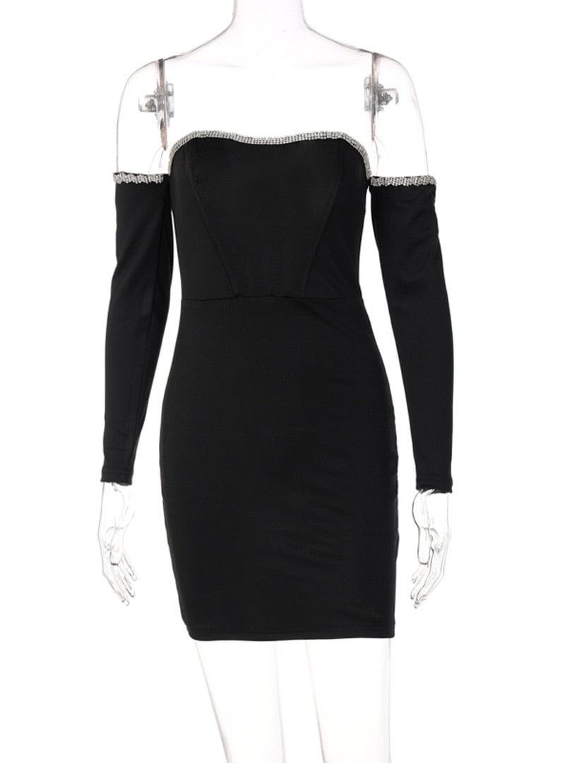 Dulzura Diamond Patchwork Women Long Sleeve Off Shoulder Mini Dress Bodycon Sexy Party Elegant Festival Evening Christmas 2021