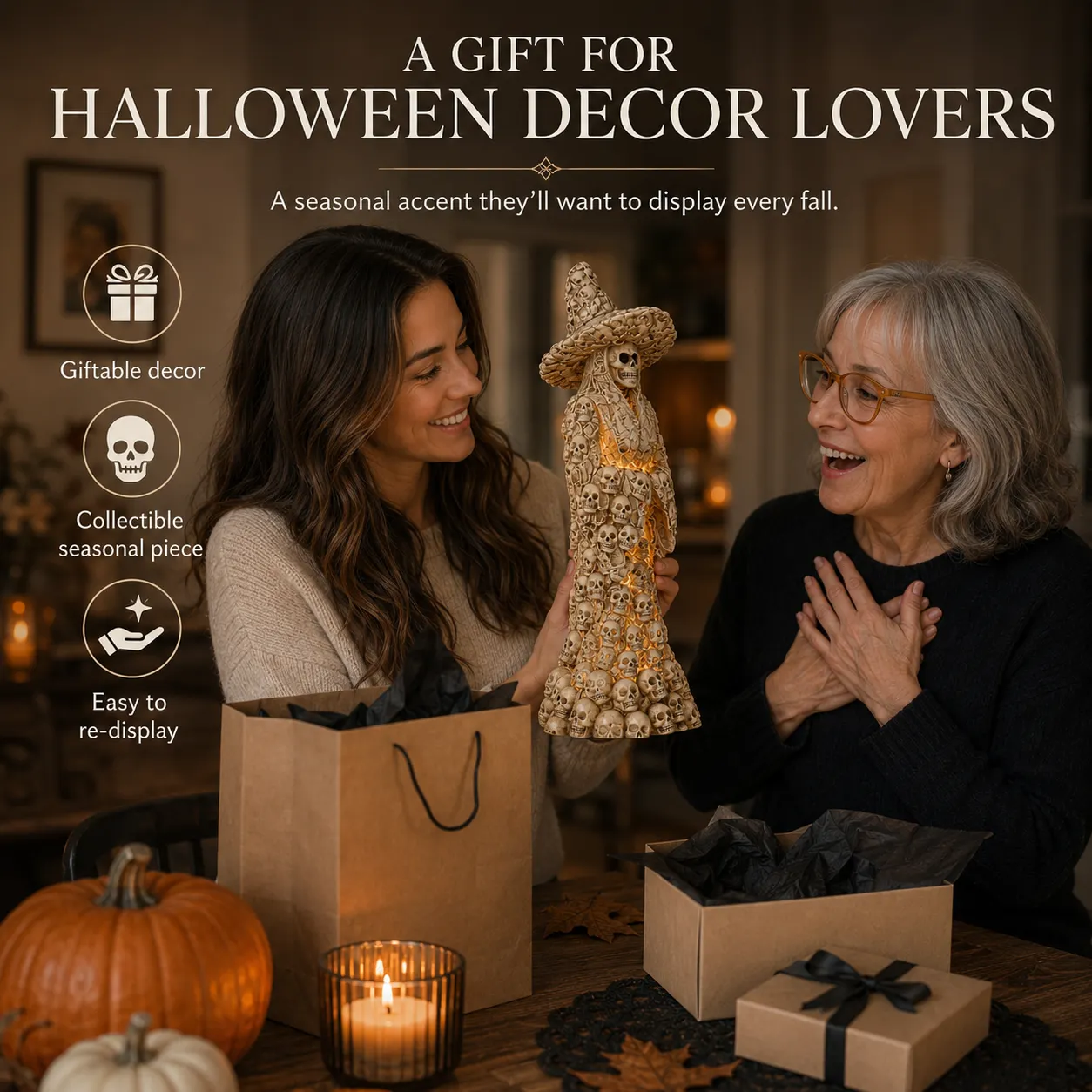 Glowing skull witch Halloween statue gift idea