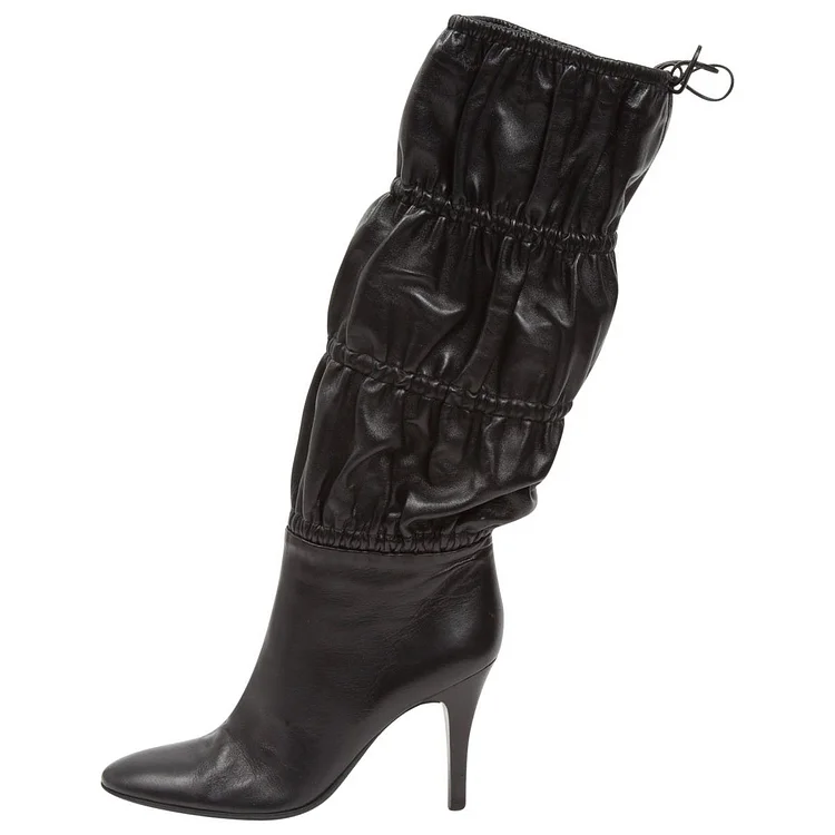 Black Elastic Band Fashion Stiletto Heel Mid-Calf Boots |FSJ Shoes