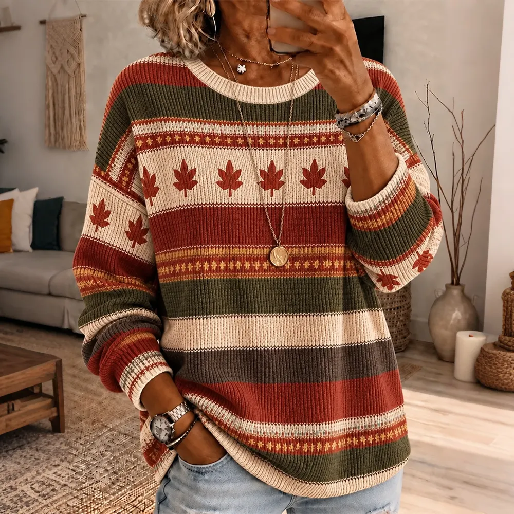 Comstylish Women's Retro Striped Maple Leaf Pattern Knitted Pattern Sweate