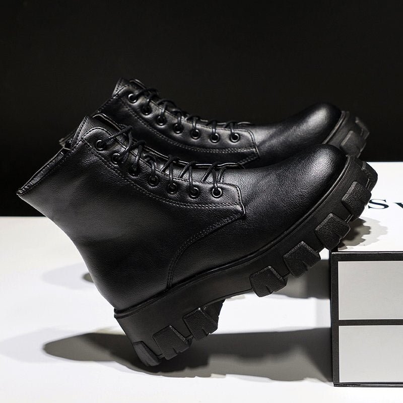 Women Motorcycle Boots Wedges Flat Shoes Woman High Heel Platform PU Leather Boots Lace Up Women Shoes Black Boots Girls