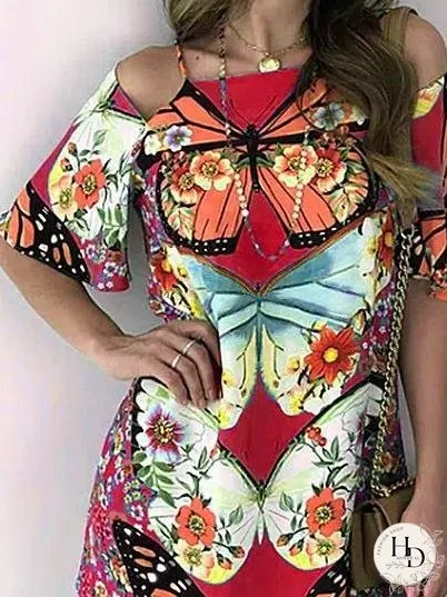 Butterfly Print Cutout Short Sleeve Dress for Women