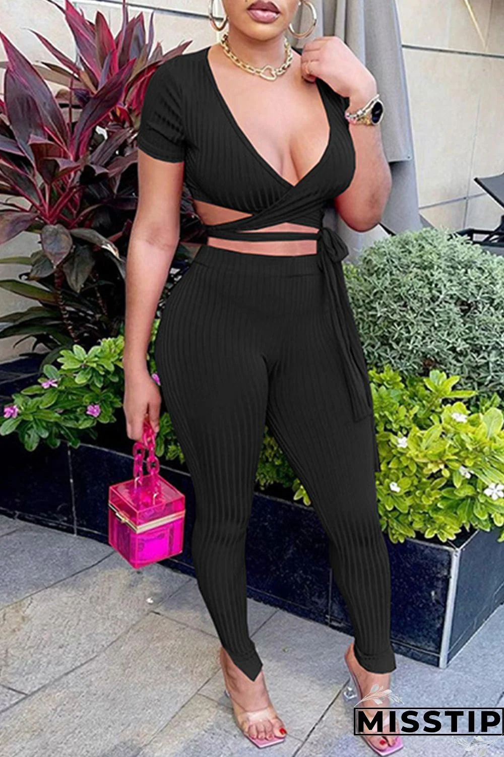 Black Sexy Casual Solid Bandage V Neck Short Sleeve Two Pieces