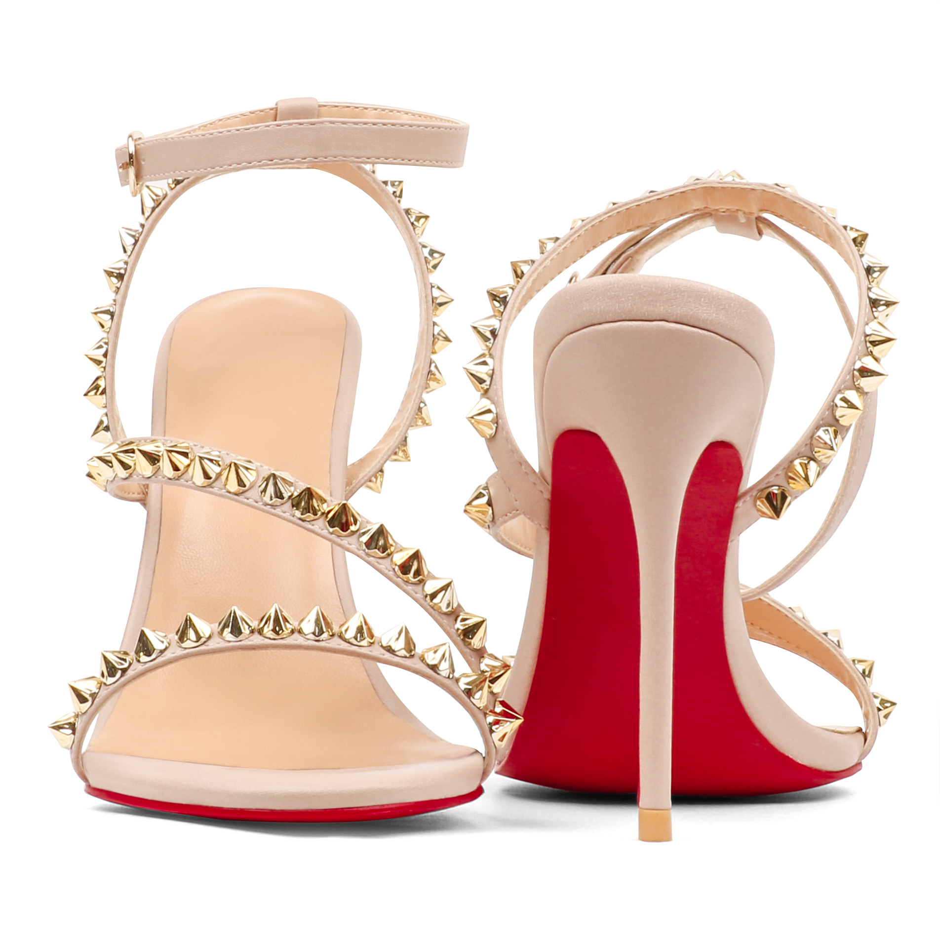 3.94'' Women Slingback Open Toe Rivets Sandals Ankle Buckle High Heel Summer Red Bottoms Nude Shoes-MERUMOTE