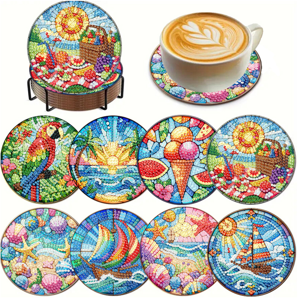 8Pcs Wooden Summer 5D DIY Diamond Painting Coasters Rhinestone Dot Coasters