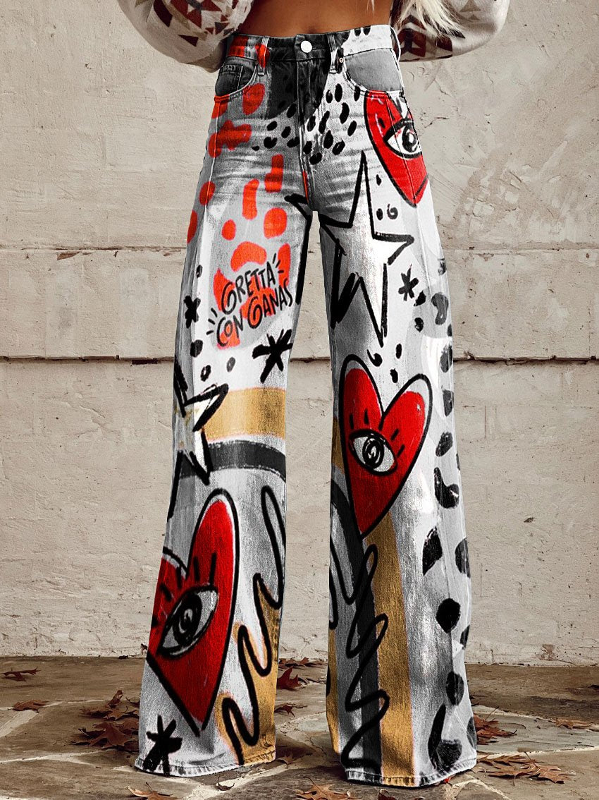 Women's Vintage Print Casual Wide Leg Pants