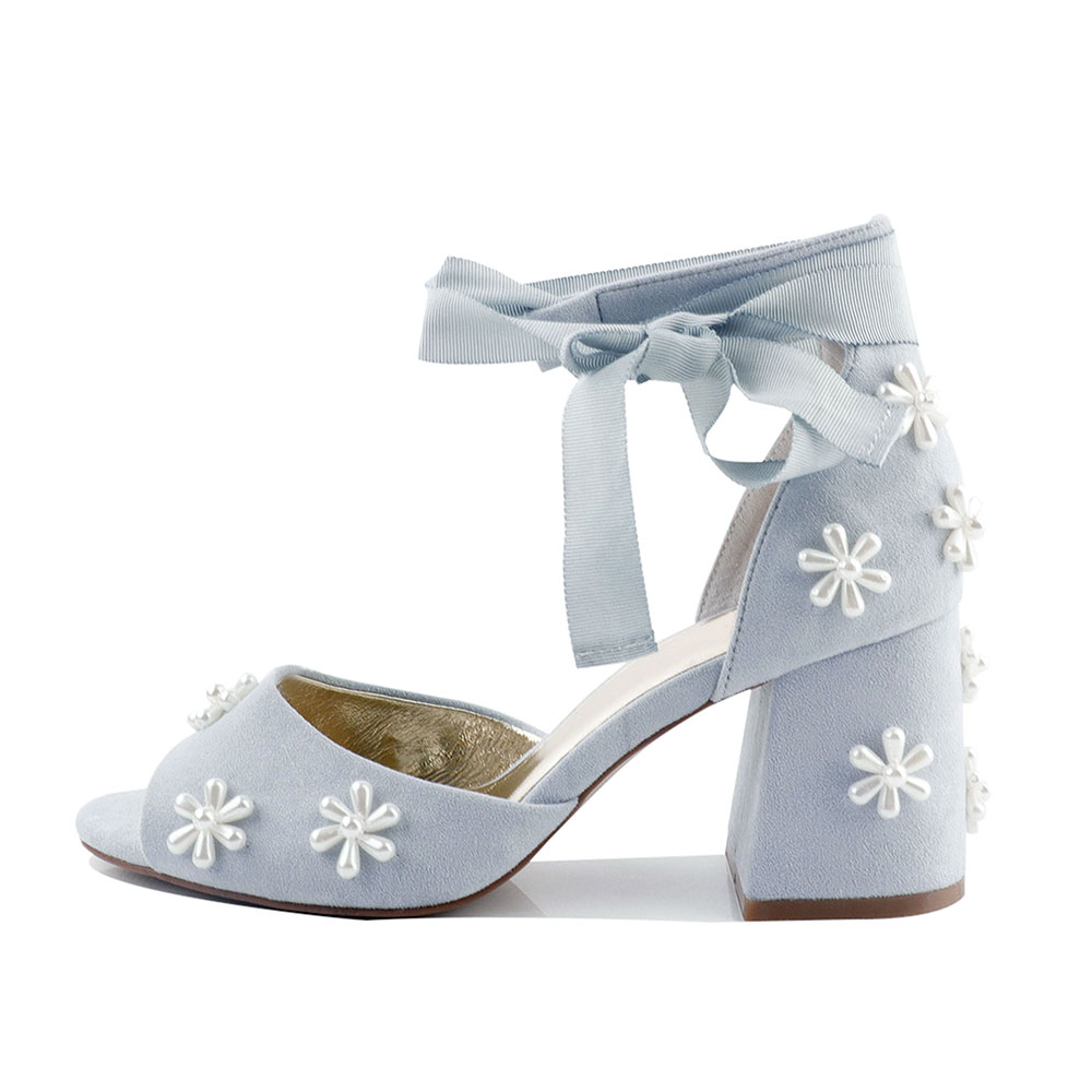 Light Blue Peep Toe Heels Pearl Flower Ribbon Lace Up Sandals