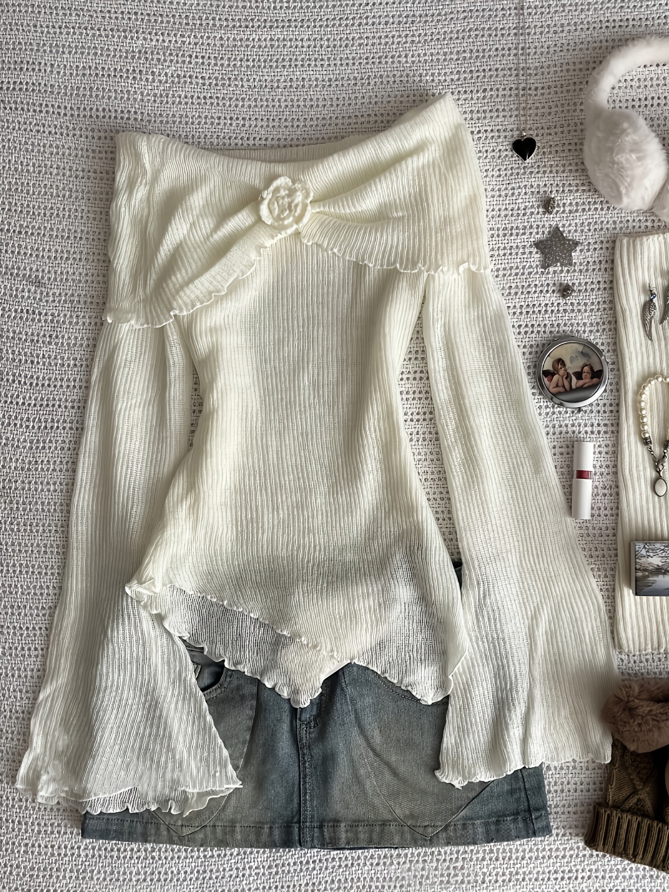 Women's Y2K Off-Shoulder Tunic Top - White Puff Sleeve Blouse with Layered Neckline