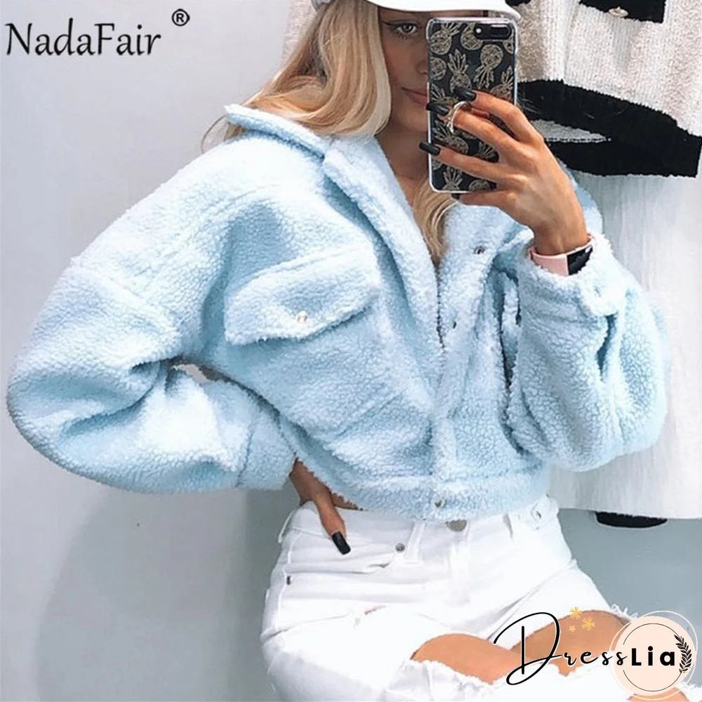 Nadafair Lamb Wool Winter Coat Woman Jacket Autumn Fleece Casual Faux Fur Overcoat Shaggy Warm Cropped Jackets Outwear