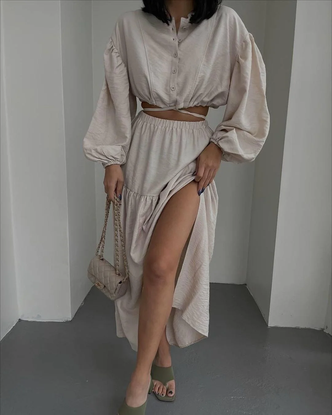 Nigikala Nigikala New With Long-Sleeved Top Folded Open Skirt Suit