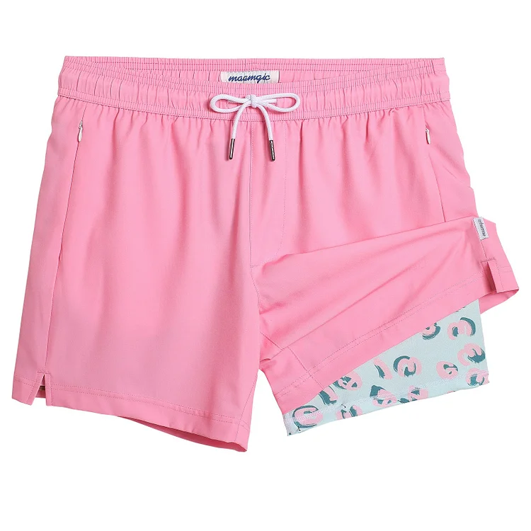 5.5 Inseam 2 in 1 Stretch Short Liner Pink Leopard Swim Shorts
